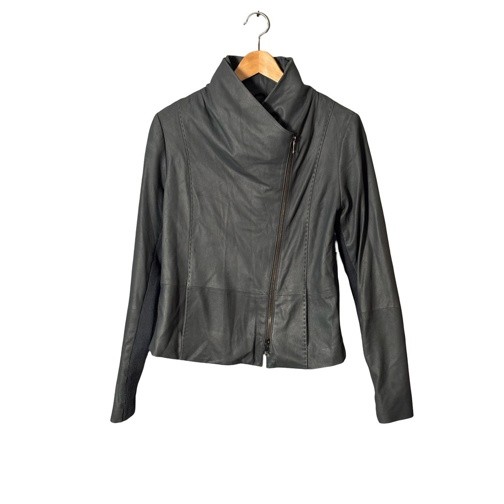 Vince Scuba Goat Leather Jacket Size L Charcoal Gray Asymmetrical Zip Moto